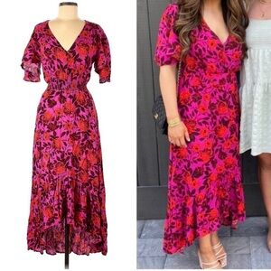 Abel the Label Floral Flutter Sleeve Fucshia Pink Red High Low Maxi Dress Medium